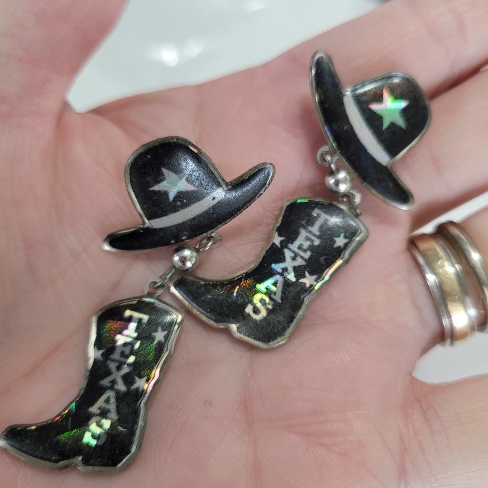 Fashion Texas Hat Stars Boots Dangle Drop Earrings Black Silver
